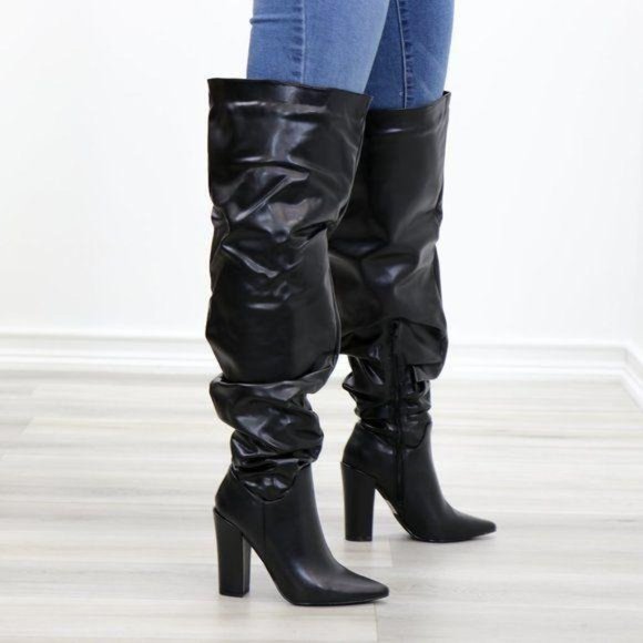 Black Synthetic Leather Thigh High Trendy Boots - Picture 9 of 16